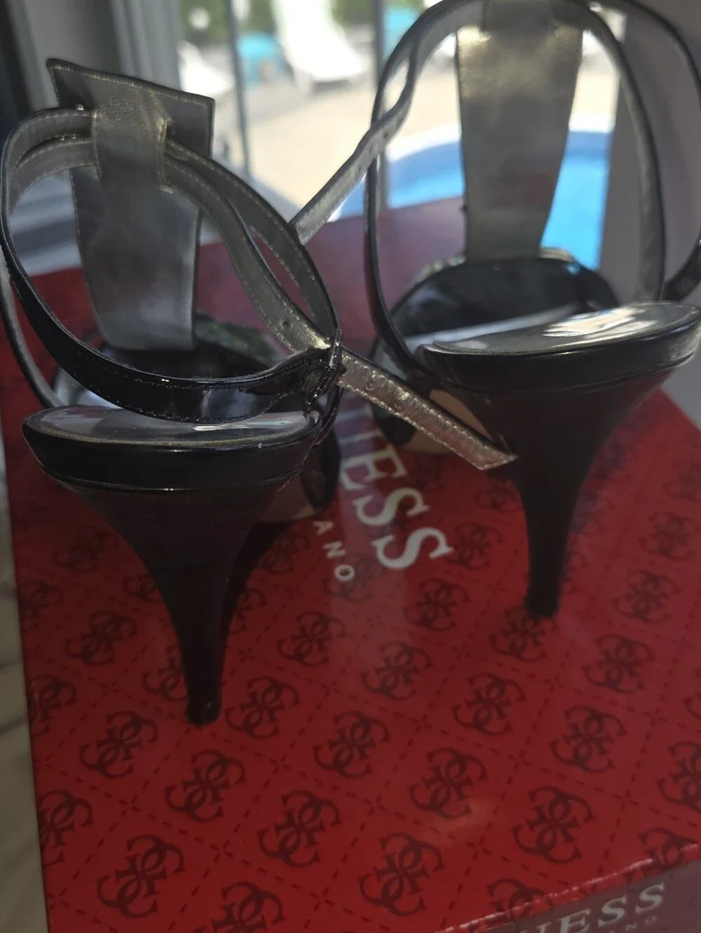 Guess Black Patent T-Strap Platform Heels